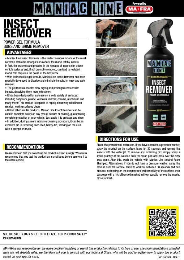 MANIAC LINE MAFRA Insect Remover | Fast Bug and Sap Dissolver | Safe on Paint Glass and Plastics | Pre Wash Pretreatment for Less Scrubbing | For Grilles Mirrors and Windscreens | 500 Milliliters