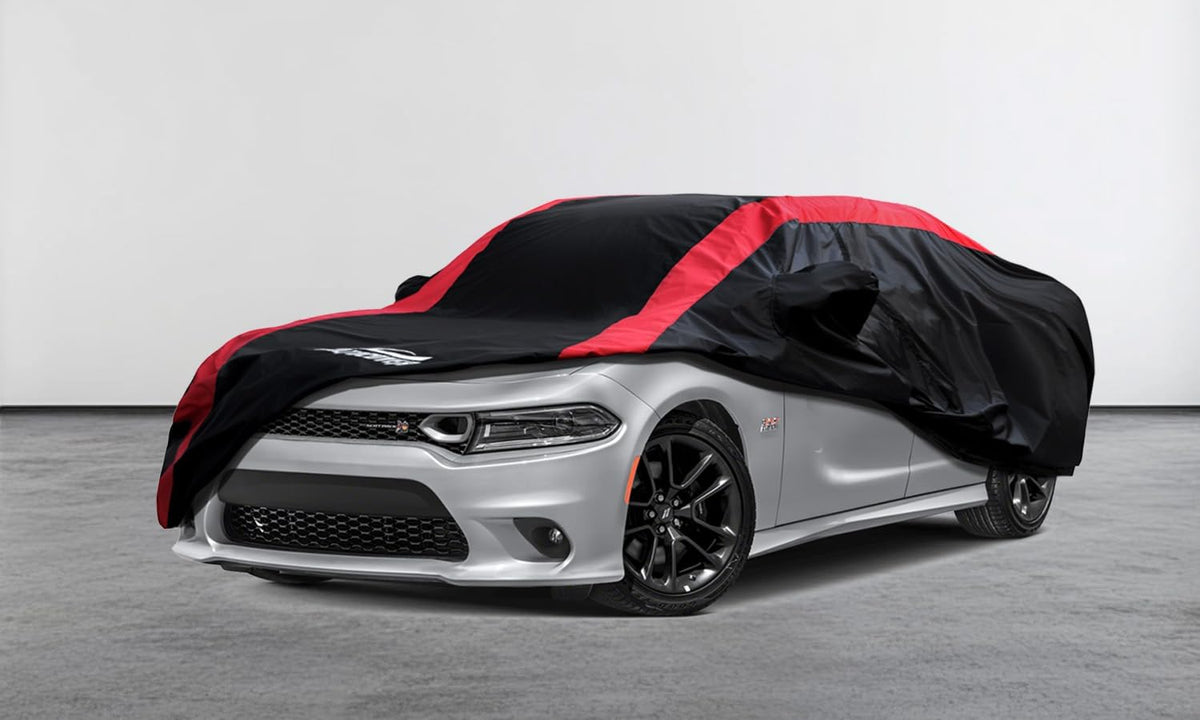 Car Cover Waterproof All Weather Protection with Red Stripe Design, Universal Fit Toyota Camry Solara, Ford Fusion, Kia Stinger Optima, Nissan Maxima, VW Passat, Subaru Legcy