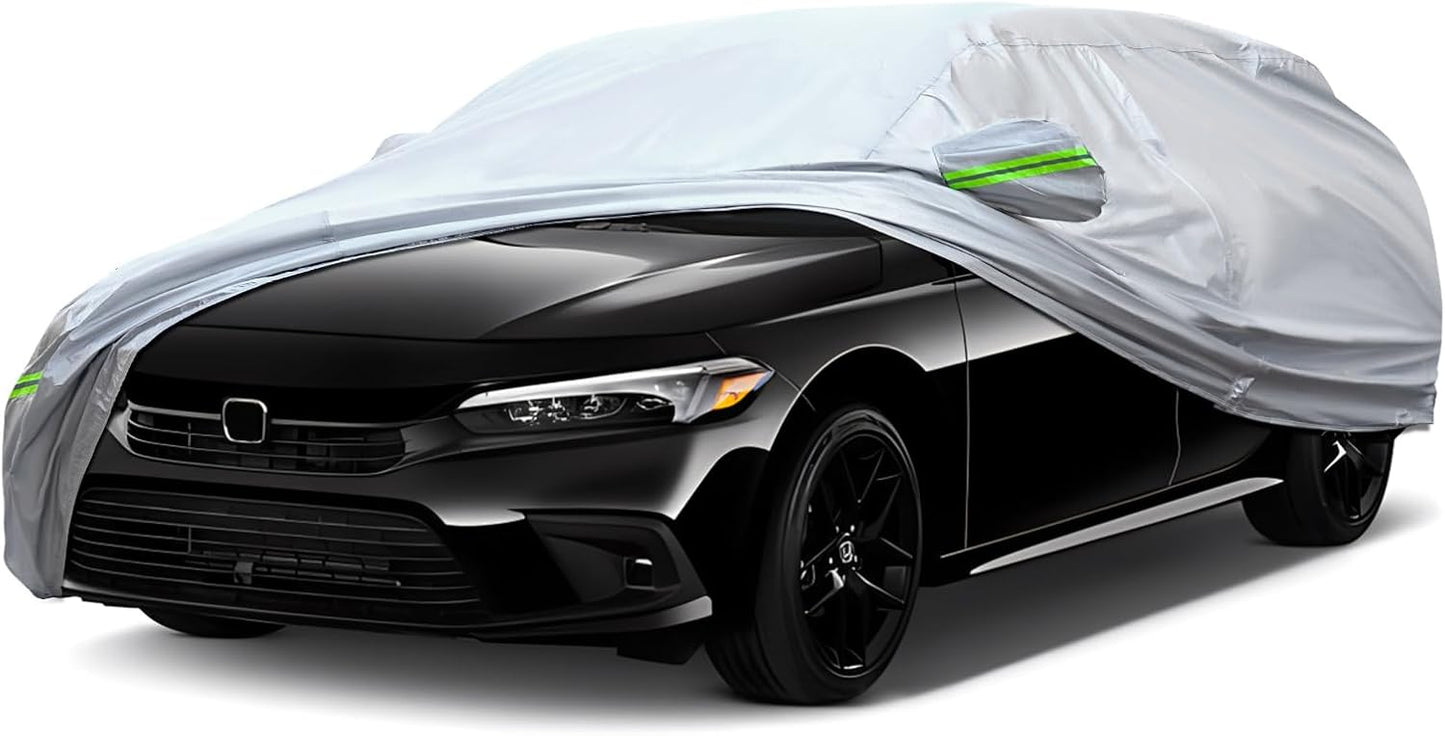 Full Car Cover Universal 6 Layers Outdoor Thicked All Weather Cover, Sunshield, Waterproof, Snow Proof, UV Proof, Scratch Proof, Bird Droppings, 6 Reflective Strips, Fits Sedans up 178"-189"