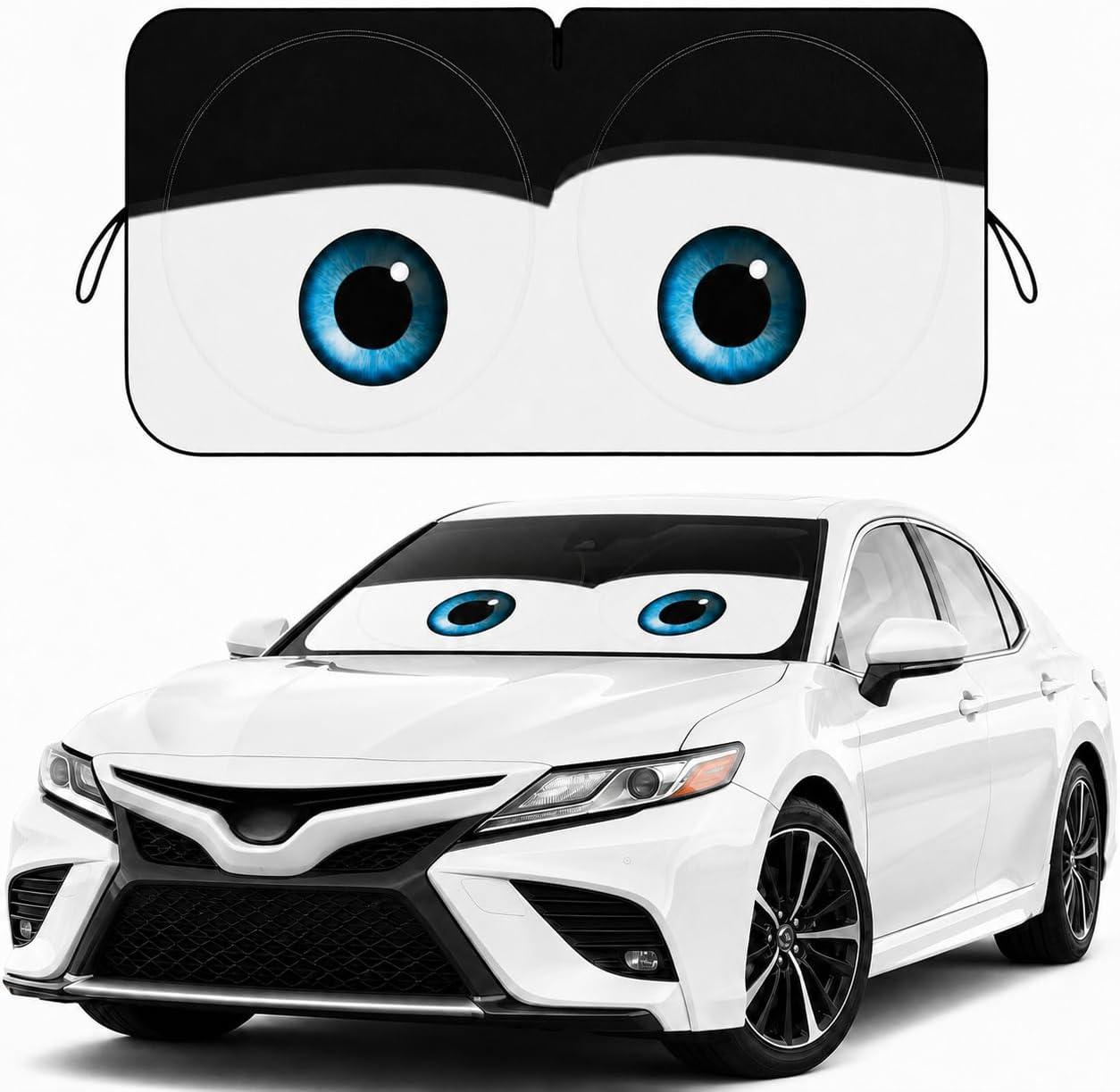 Car Windshield Sun Shade, Funny Cartoon Eyes Sun Visor for Car Windshield Universal Fits Sedan Compact Car Hatchback SUV, UV Heat Protection - 59 x 27.5