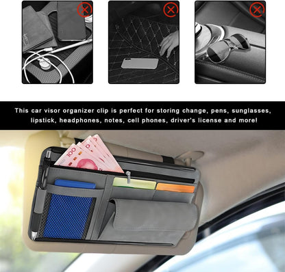 Car Sun Visor Organizer, Soft Leather Vehicle Sunshade Glasses Storage Bag with Net Zipper, Automotive Multi-Pocket Organizer for Drive License Card Glasses Document (Black)