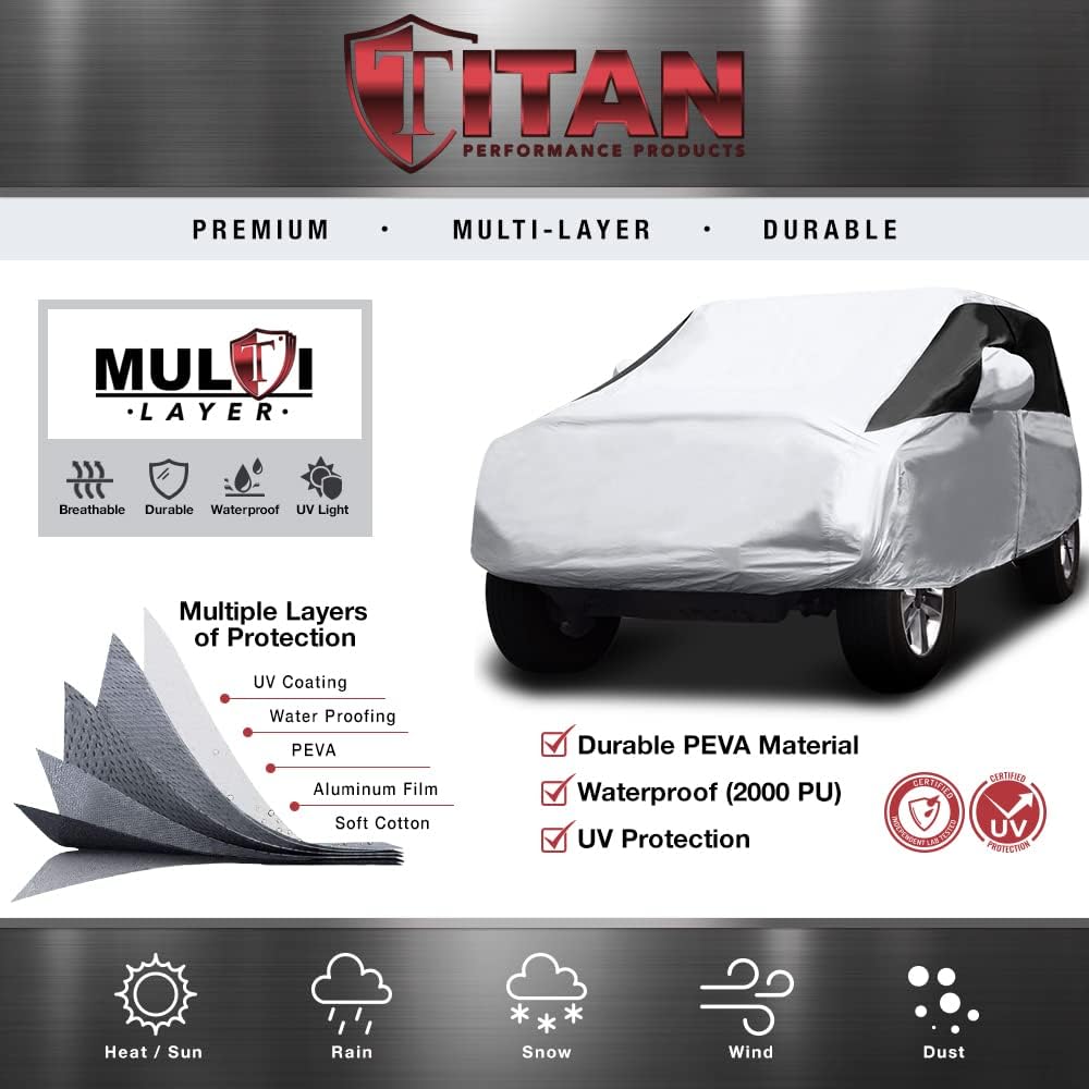 Titan Premium Multi-Layer PEVA Car Cover for Compact SUV 170-187". Waterproof, UV Protection, Anti-Scratch Protective Lining, Driver-Side Zippered Opening. Fits Rav4, Rogue, CR-V and More.