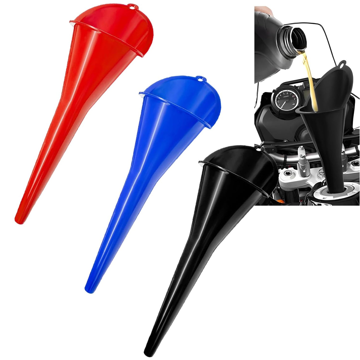 3-Pack Long-Neck Oil Funnels, 11" Multi-Purpose Funnels for Automotive & Motorcycle Use – Reusable Funnel for Oil, Gas & Transmission Fluid (Orange&Blue&Black)