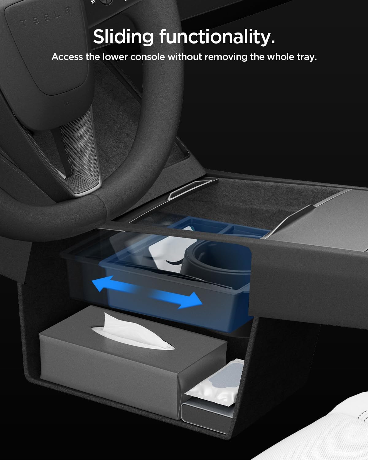 Spigen Center Console Organizer for Tesla Model Y Juniper (Only Premium & Performance 2026) and Model 3 Highland (Standard, Premium & Performance 2024/25/26) with Smooth Slide Technology - [Sliding]