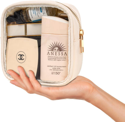 Small Clear Makeup Bag for Purse Small Cosmetic Bag Travel Size Toiletry Bags Cute Travel Makeup Bag,Coin Purse,Car Asscessories Organizer Storage Travel Essentials for Women Girls(Clear-Beige)
