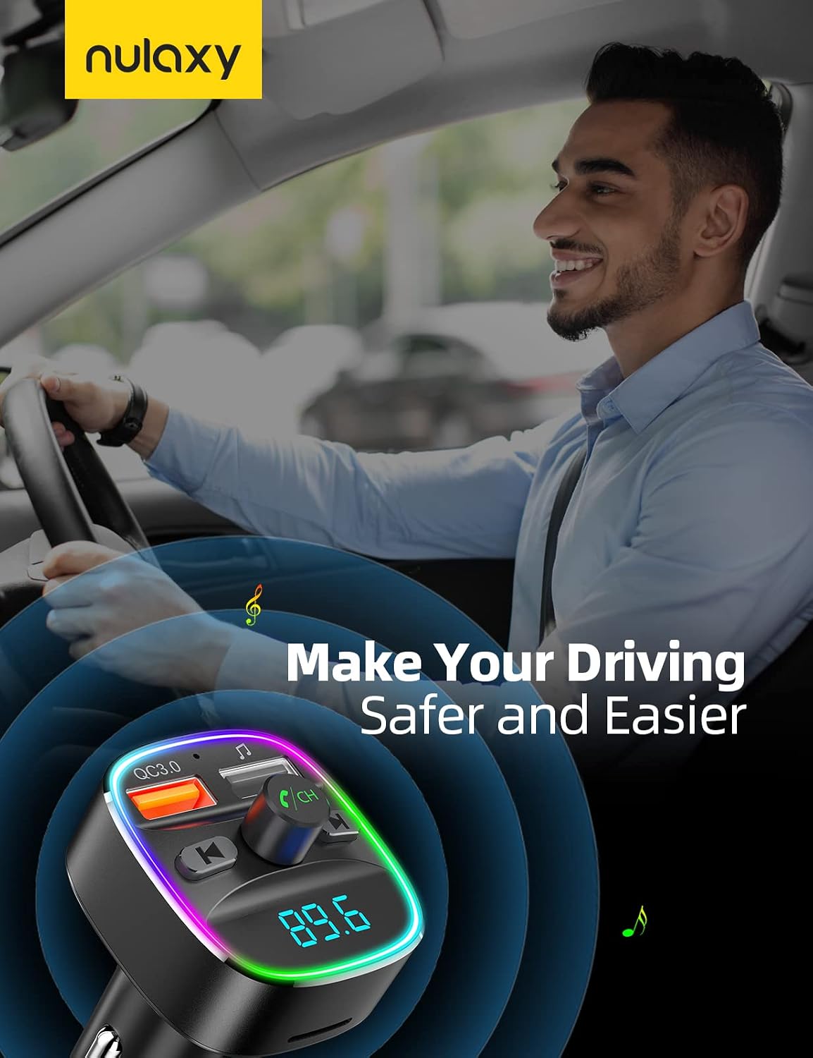 Nulaxy Bluetooth FM Transmitter, Bluetooth Car Adapter with Dual USB Charger Wireless Radio Car Kit MP3 Player Support TF Card & USB Disk, Hands-Free Calling, 7 Colors Led Backlit Light, Black