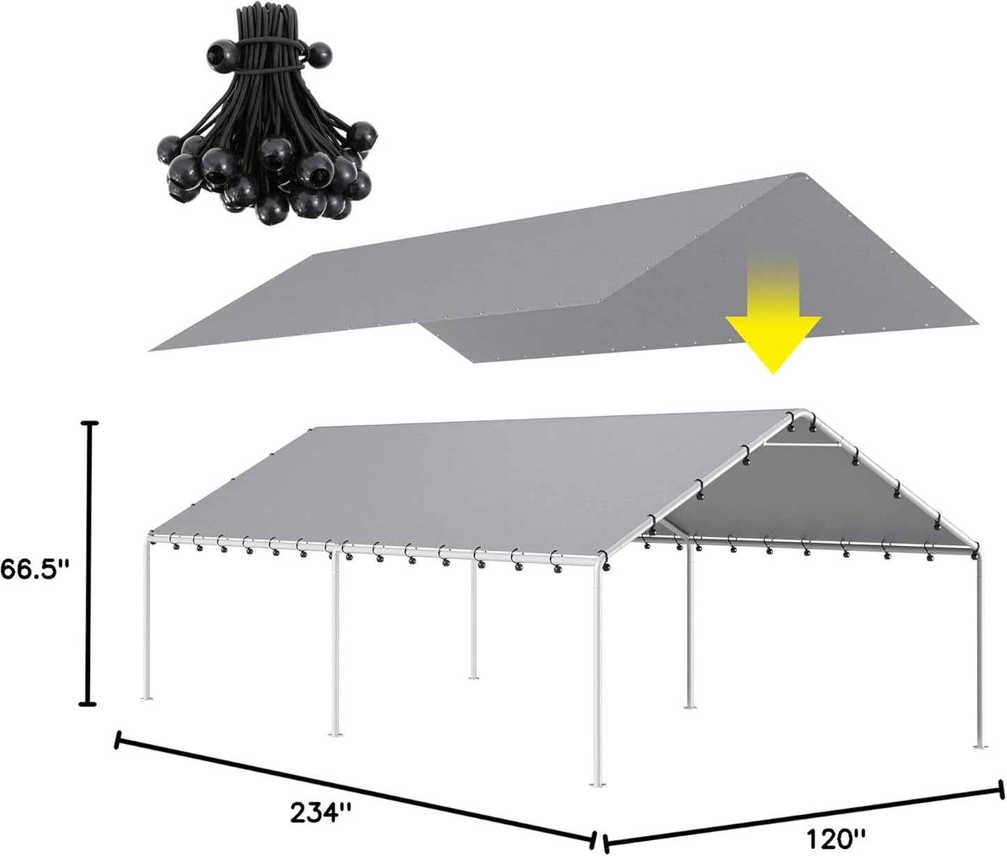 10 x 20 Ft Carport Replacement Canopy Cover Garage Top Tent Shelter Tarp with Free 48 Ball Bungee Cords,White(Only Cover, Frame Not Include)