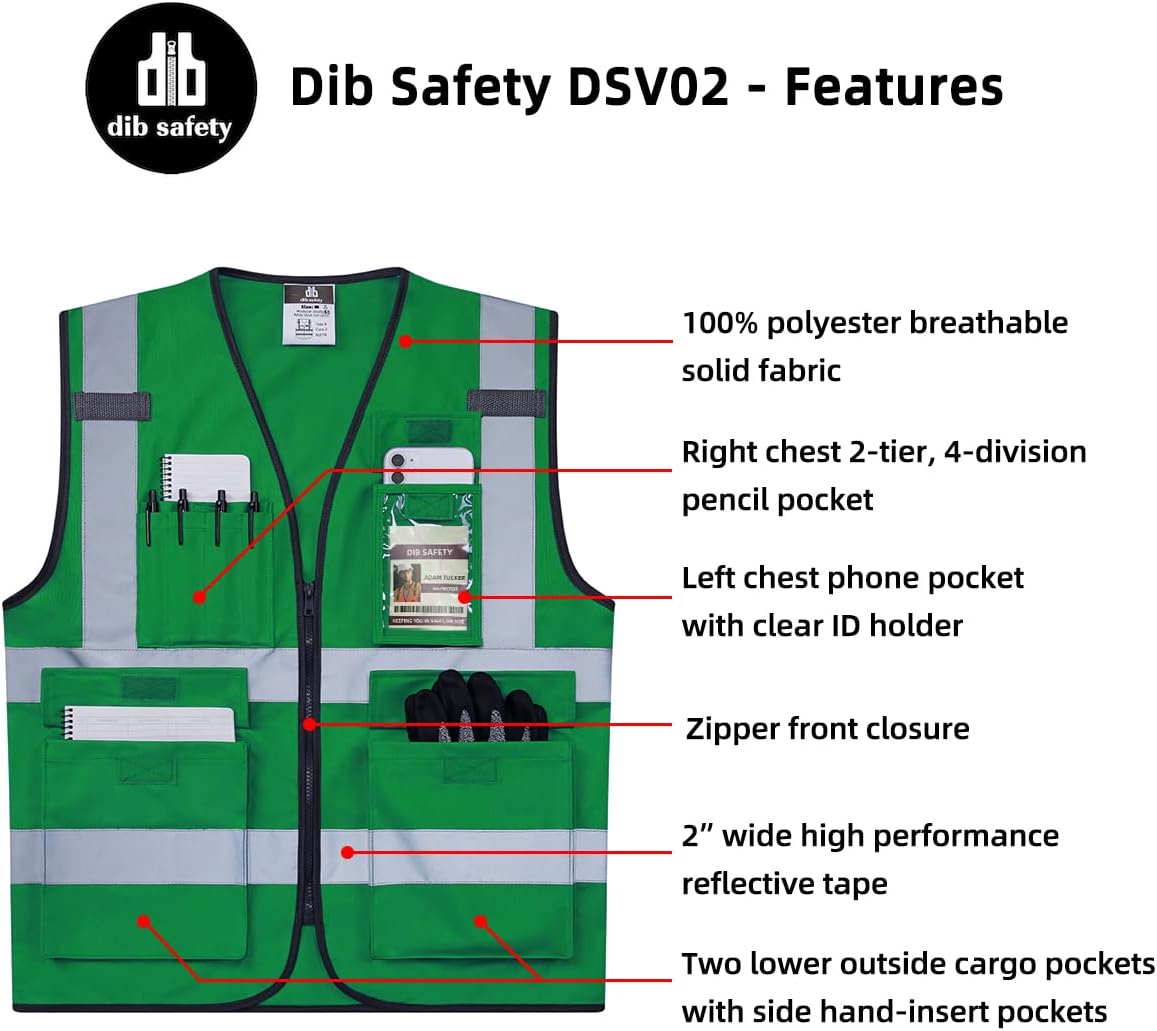Dib Safety Reflective Safety Vest for Men Women, High Visibility Vest with Pockets and Zipper, ANSI Class 2