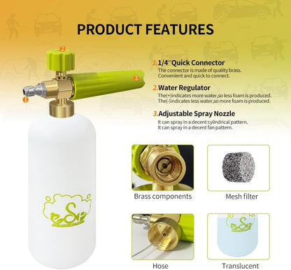 ESP Foam Cannon Snow Foam Lance Pressure Power Jet Washer Quick Release Adjustable Nozzle with 1 Liter Bottle Washing Mitts 1 Towel