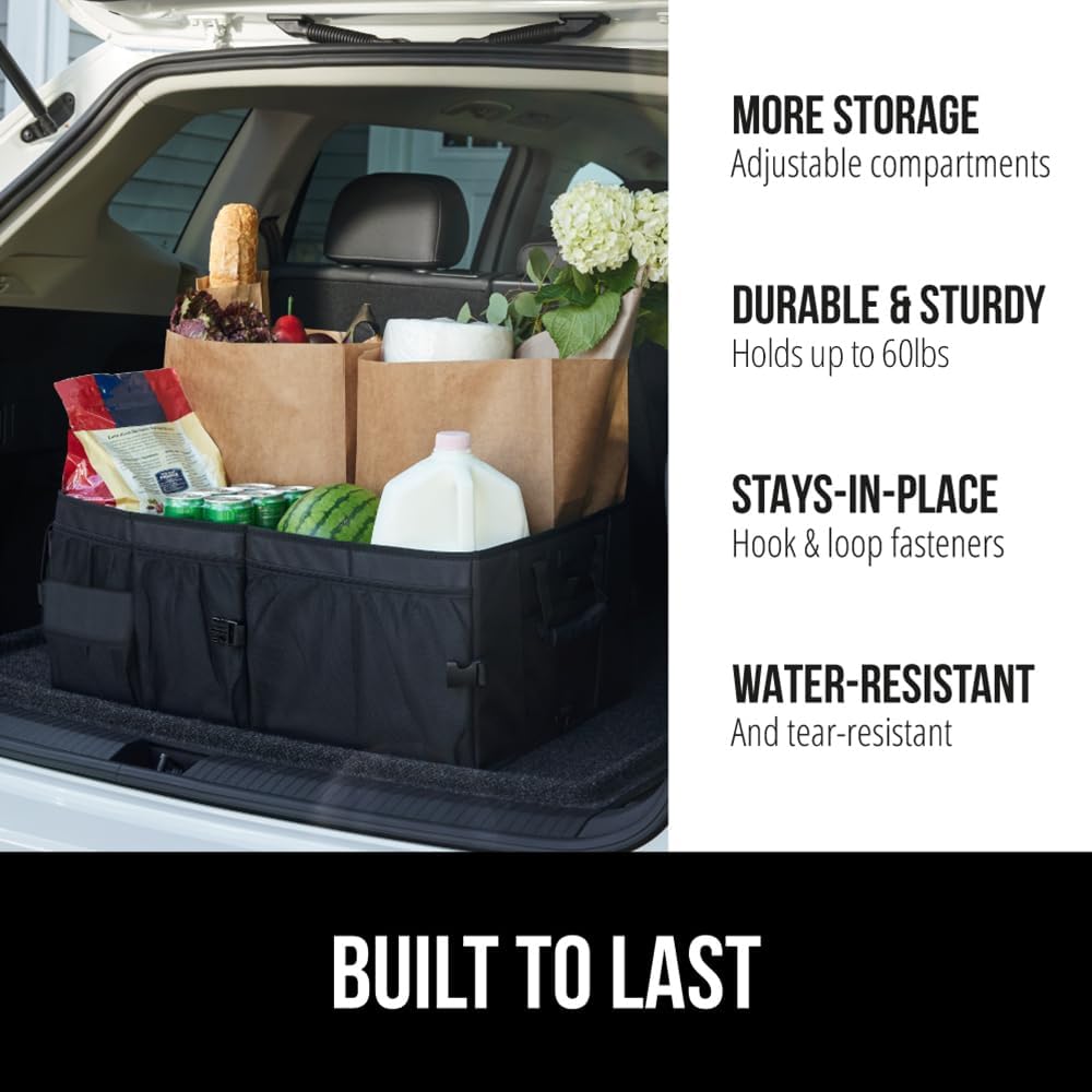 GORILLA GRIP Trunk Organizer for SUV and Cars, Large Capacity Collapsible Car Trunk Storage Organizer, Heavy Duty Car Accessories, Gifts for Mom and Dad, Slip & Water Resistant Multi Compartment Black
