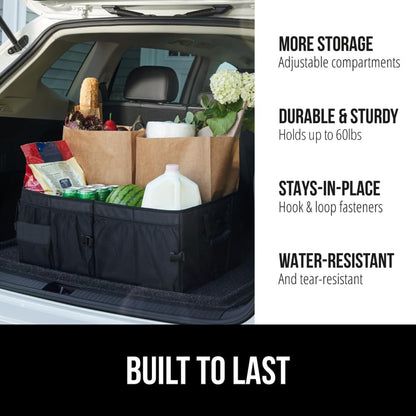 GORILLA GRIP Trunk Organizer for SUV and Cars, Large Capacity Collapsible Car Trunk Storage Organizer, Heavy Duty Car Accessories, Gifts for Mom and Dad, Slip & Water Resistant Multi Compartment Black