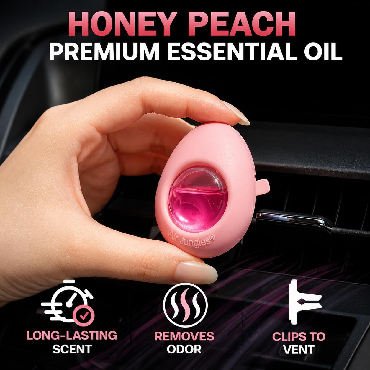 Air Jungles Car Air Freshener Vent Clip Honey Peach Scent, Pink Edition, 6 Pack (4ml Each), Long-Lasting Sweet Fruit Fragrance & Odor Eliminator, Up to 180 Days