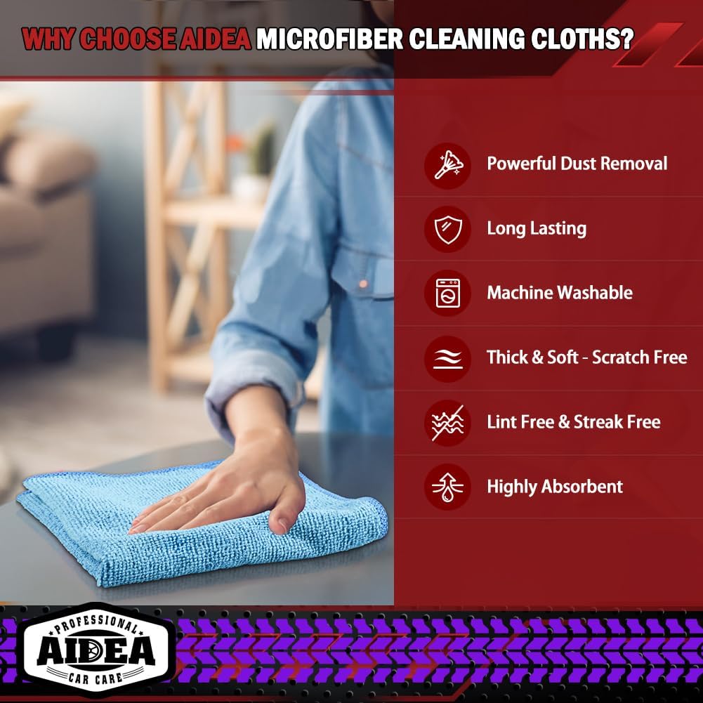 AIDEA Microfiber Cleaning Cloth, 50PK, Microfiber Towels for Cars, Premium Wash Cloths, Dusting Cloth Cleaning Rags, Absorbent Towels for SUVs, House, Kitchen, Window, Cleaning Supplies12×12"