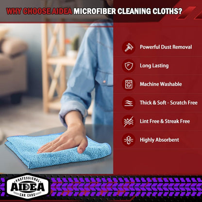 AIDEA Microfiber Cleaning Cloth, 50PK, Microfiber Towels for Cars, Premium Wash Cloths, Dusting Cloth Cleaning Rags, Absorbent Towels for SUVs, House, Kitchen, Window, Cleaning Supplies12×12"