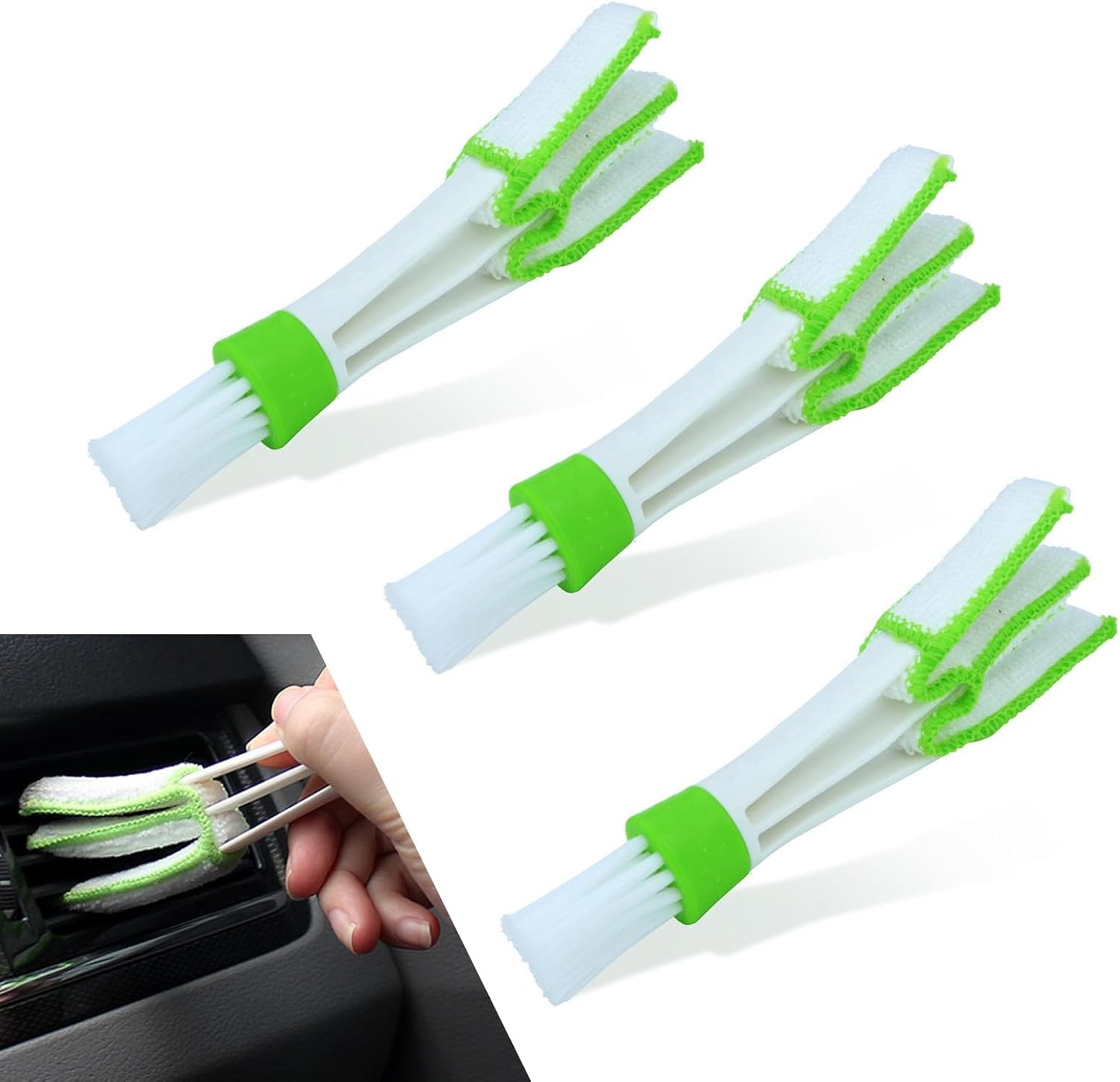 Set of 3 Mini Duster for Car Air Vent, 3 Arms Blinds Duster, Automotive Air Conditioner Cleaner and Brush, Cleaning Tools for Window Blinds, Keyboard, Air Conditioner Vents, Fans (Green)