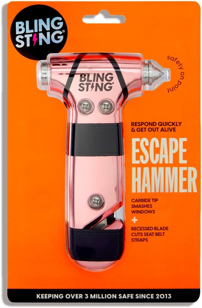 BLINGSTING Safety Hammer - Emergency Automotive Escape Tool with Window Breaker, Seat Belt Cutter & Adjustable Car Visor Strap - Tempered Glass Breaker - Steel Blade - Rose Gold (1 Count)