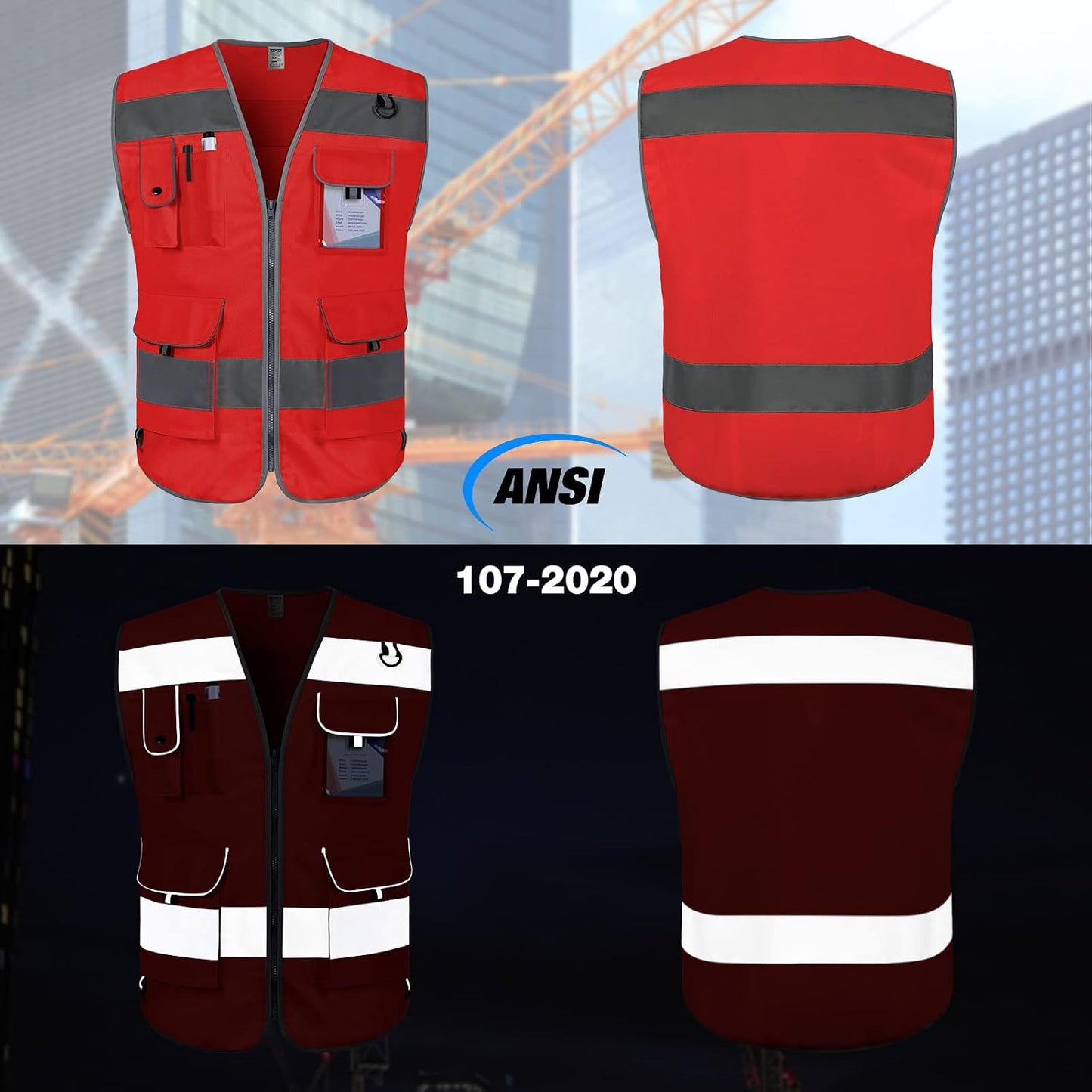 TCCFCCT Safety Vest for Men Women 9 Pockets High Visibility Vest for Safety, Reflective Work Vest with Reflective Strips, Meets ANSI/ISEA Standards, (Yellow, Large)