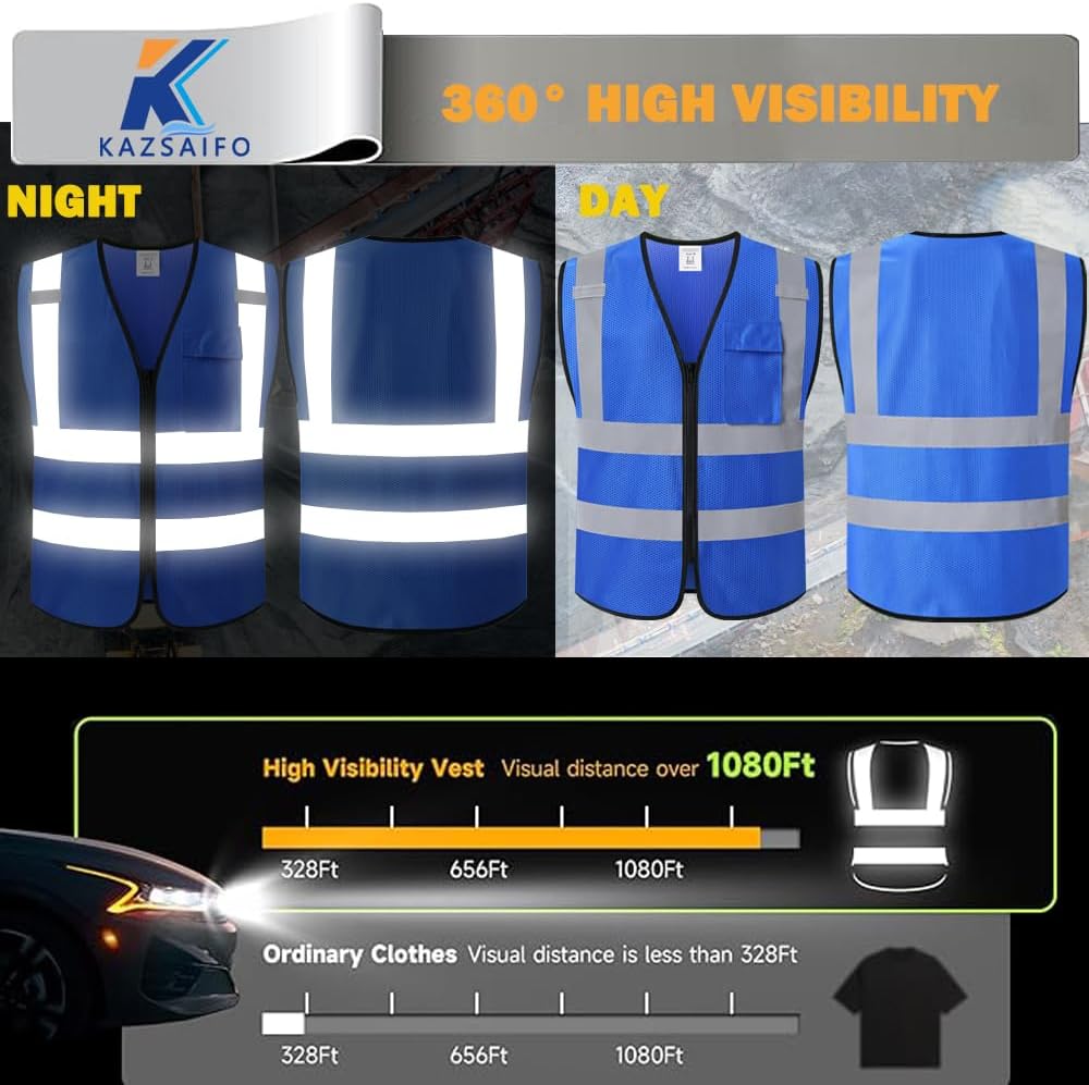 Hi Vis Reflective Safety Vest for Men Women with Chest Pocket Mesh High Visibility Class 2 Construction Vest,Meets ANSI/ISEA Standard(KZ179-Yellow-L)