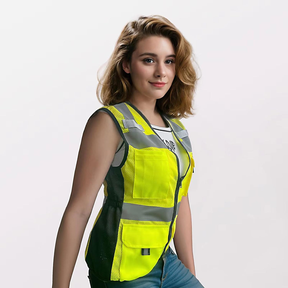 Reflective Vest for Women, Mesh Womens Safety Vest with 11 Pockets and Zipper, Hi Vis Neon Construction Work Vest for Lady Surveyors/Workers, Snugly-Fitted, ANSI Compliant (U-Yellow, S)