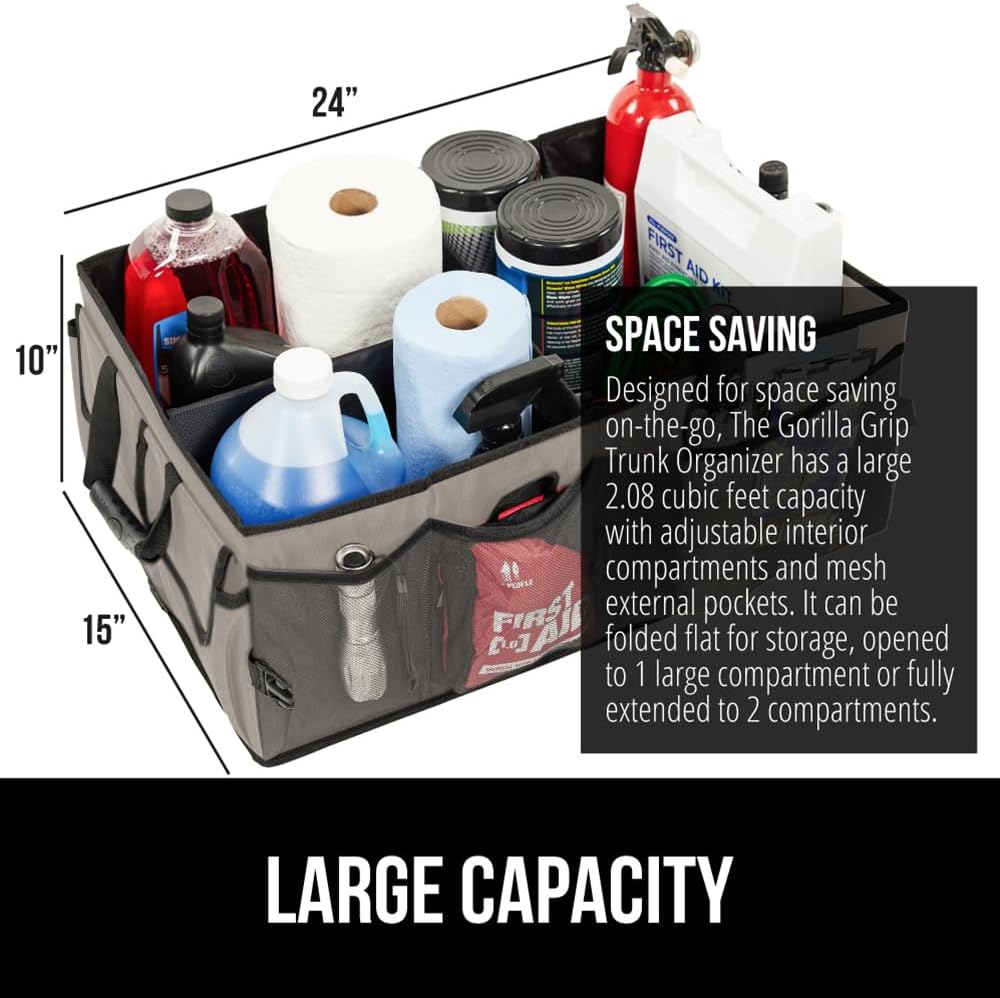 GORILLA GRIP Trunk Organizer for SUV and Cars, Large Capacity Collapsible Car Trunk Storage Organizer, Heavy Duty Car Accessories, Gifts for Mom and Dad, Slip & Water Resistant Multi Compartment Black