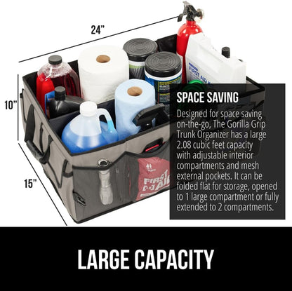 GORILLA GRIP Trunk Organizer for SUV and Cars, Large Capacity Collapsible Car Trunk Storage Organizer, Heavy Duty Car Accessories, Gifts for Mom and Dad, Slip & Water Resistant Multi Compartment Black
