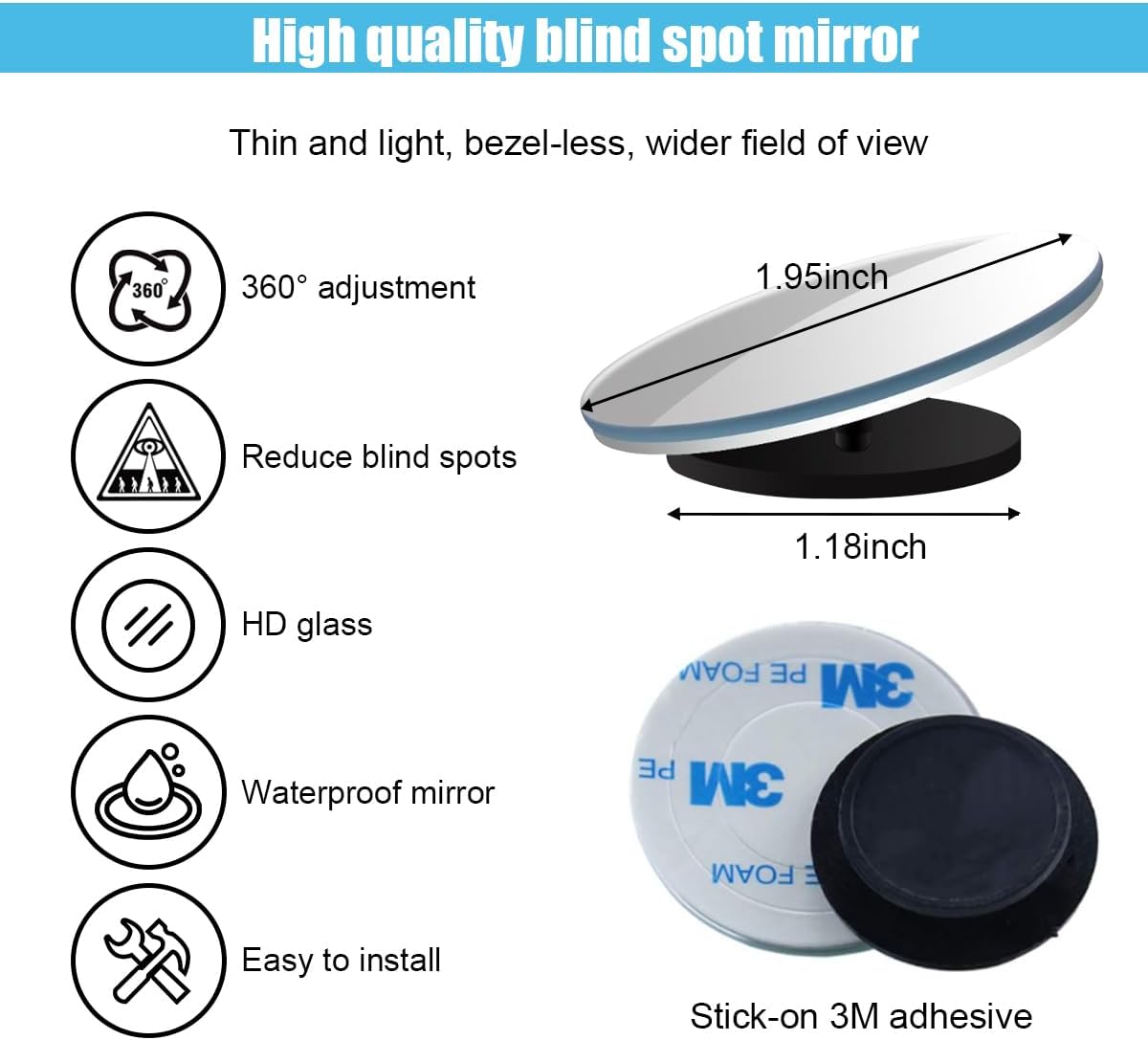 GLSOWEE Car Blind Spot Mirror, 2"" Round Convex Mirror, Frameless HD Glass Rear View Mirror with Wide Angle Adjustable Stick, Universal Vehicle Exterior Accessories for Car SUV Truck (2 PCS)