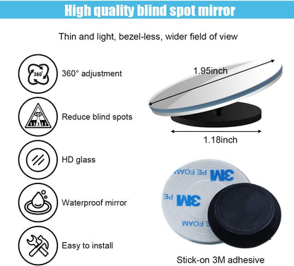 GLSOWEE Car Blind Spot Mirror, 2"" Round Convex Mirror, Frameless HD Glass Rear View Mirror with Wide Angle Adjustable Stick, Universal Vehicle Exterior Accessories for Car SUV Truck (2 PCS)