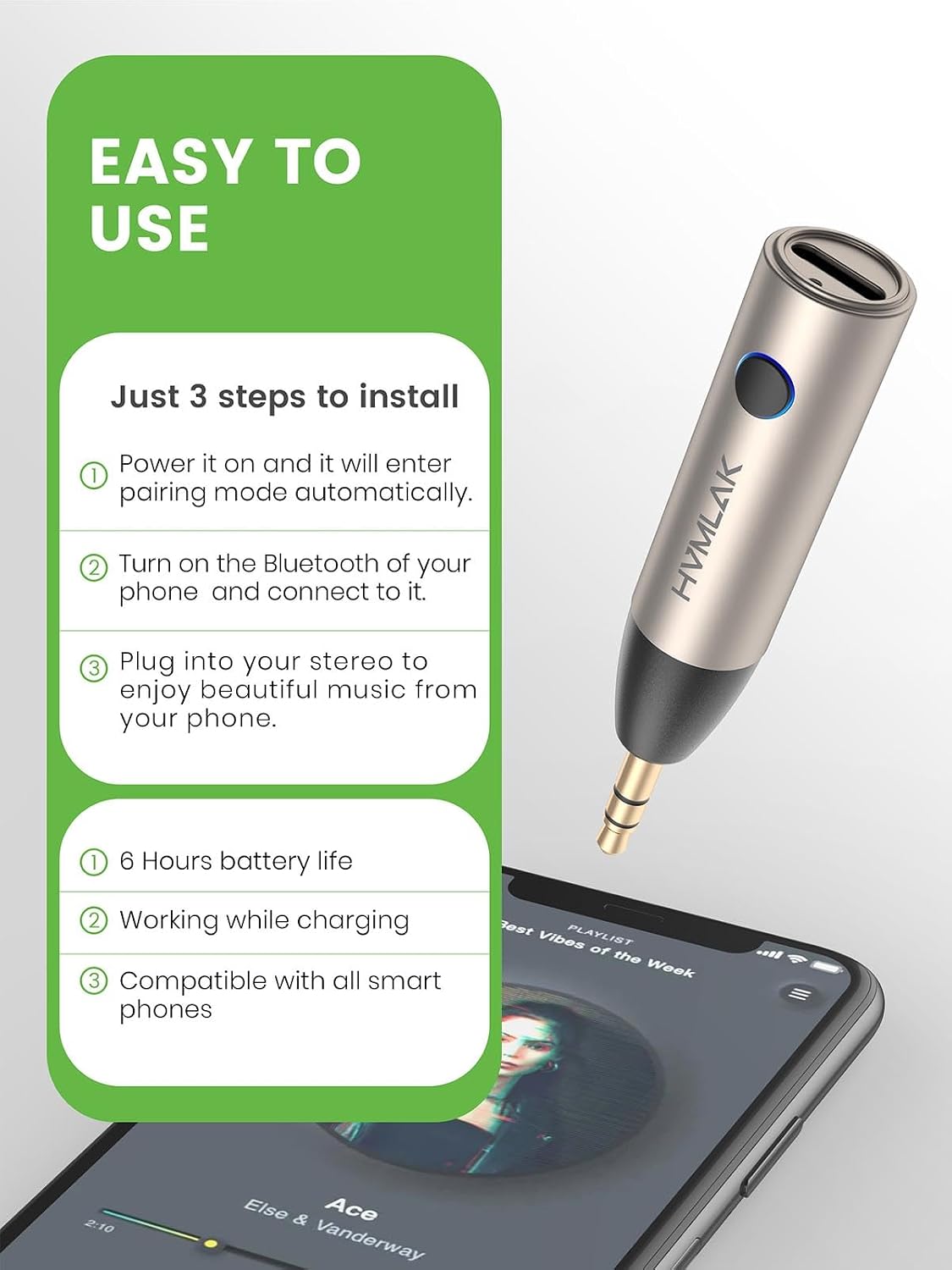 HVMLAK Bluetooth 5.4 Car Aux Adapter with Enhanced Microphone, 3.5mm Jack for Car Home Stereo, USB-C Charging, Sturdy Case, 1 Piece