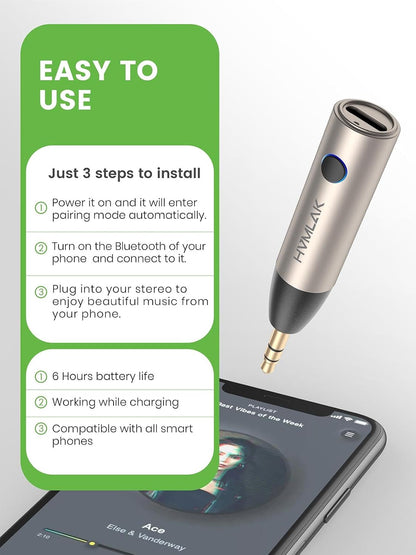 HVMLAK Bluetooth 5.4 Car Aux Adapter with Enhanced Microphone, 3.5mm Jack for Car Home Stereo, USB-C Charging, Sturdy Case, 1 Piece