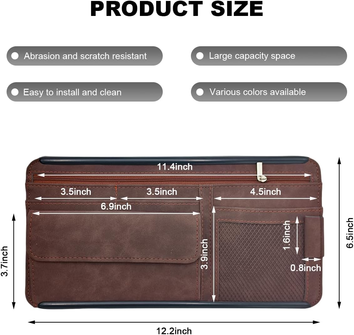 Car Sun Visor Organizer, Leather Sun Visor Pocket Organizer Case with Multi-Pocket Net Zipper, Suede Note Holder Car Visor Storage Pouch for Card Pen Sunglasses Document (Gray)