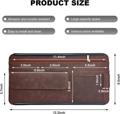 Car Sun Visor Organizer, Leather Sun Visor Pocket Organizer Case with Multi-Pocket Net Zipper, Suede Note Holder Car Visor Storage Pouch for Card Pen Sunglasses Document (Gray)