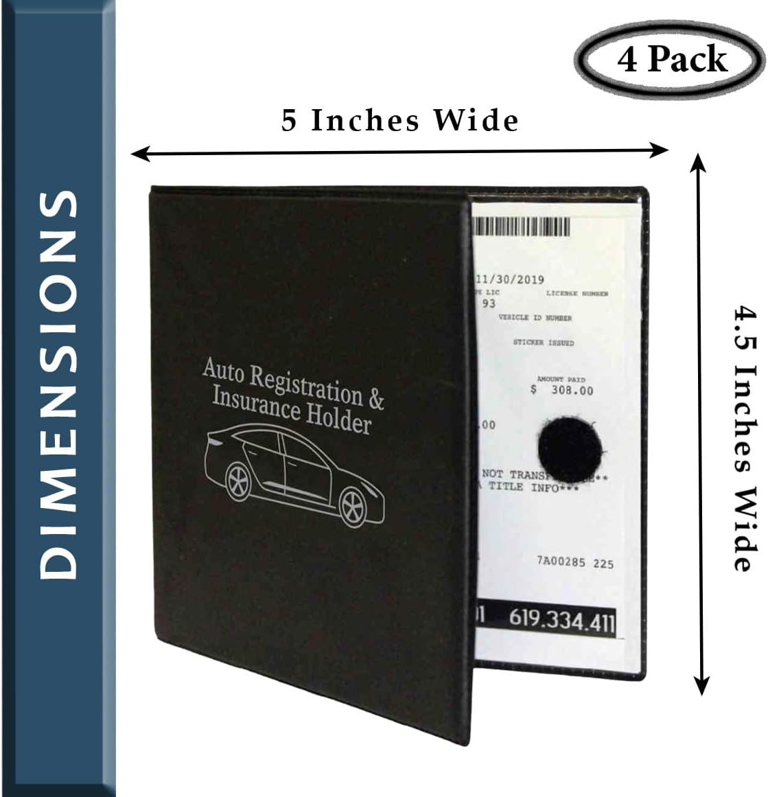 W4W Auto Registration Insurance & ID Card Holder - 4 PACK - Perfect for any Car, Truck, Motorcycle, Trailer or Boat - Strong Closure, Men & Women