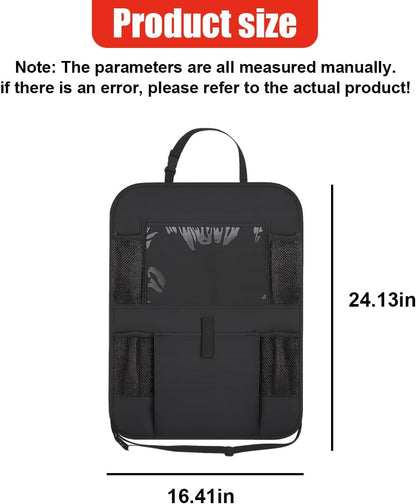 2PCS Car Backseat Organizer, Waterproof Oxford Fabric Car Seat Protector with 10" Touch Screen Tablet Holder and 5 Storage Pockets, Universal Auto Kick Mats Road Trip Accessories (Black)