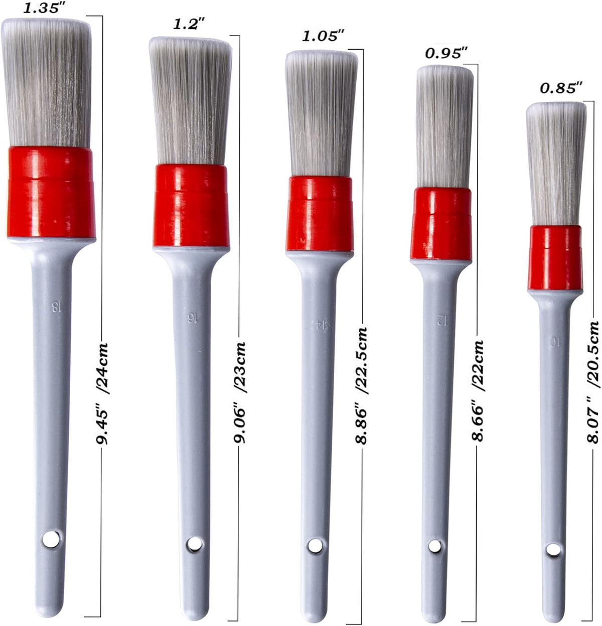 Detailing Brush Set -5 Different Sizes Premium Natural Boar Hair Mixed Fiber Plastic Handle Automotive Detail Brushes for Cleaning Wheels, Engine, Interior, Air Vents, Car, Motorcy