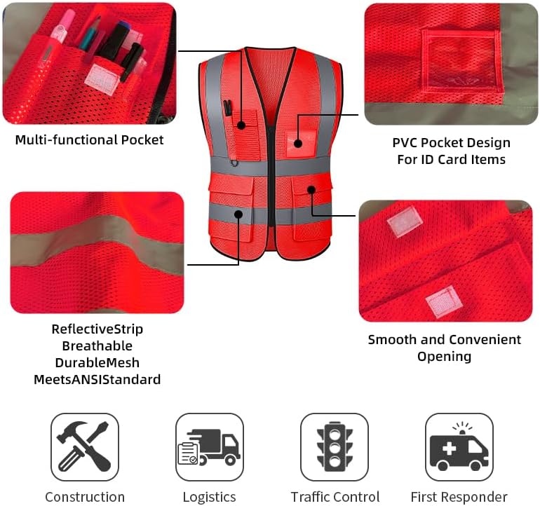 Reflective Safety Vest for Women Men High Visibility Security With Pocket Zipper Front Meet ANSI/ISEA Standard