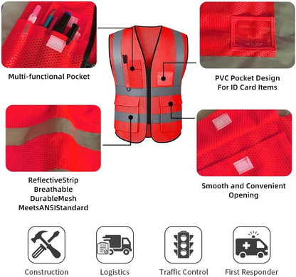 Reflective Safety Vest for Women Men High Visibility Security With Pocket Zipper Front Meet ANSI/ISEA Standard