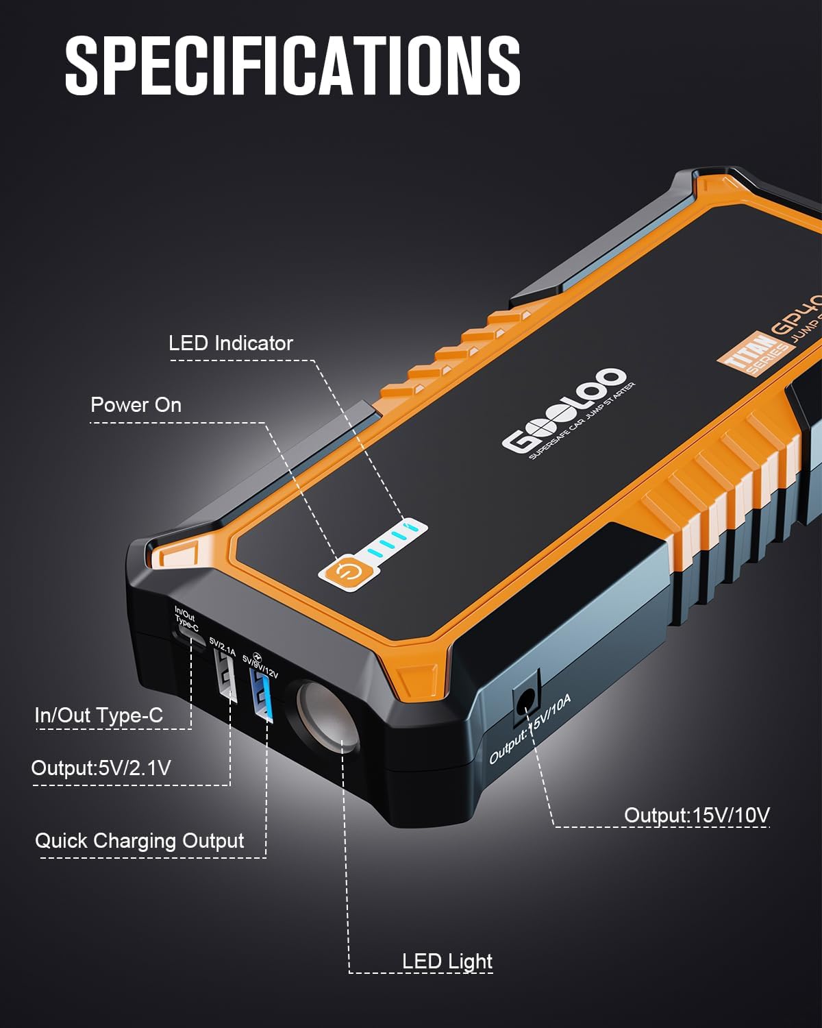 GOOLOO GP4000 Jump Starter 4000A Peak Car Starter (All Gas,up to 10.0L Diesel Engine) SuperSafe 12V Lithium Jump Box,Auto Battery Booster Pack,Portable Power Pack with USB Quick Charge and Type C Port