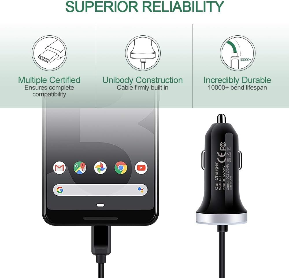 USB C Car Charger, 3.4A Fast Charging Car Charger for Samsung Galaxy S26 S25 Ultra S24 FE S23 S22 S21 S20 S10E S9 S8 Note 20 10 A16 A15 A14 A56 A36 A26 A50 A20 A51 A71 A21 A10E, with 3ft Type C Cable