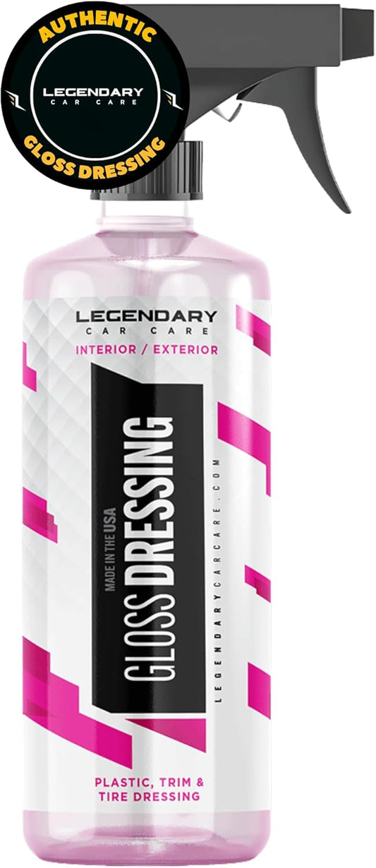 Legendary Gloss Dressing with Applicator 16oz - Tire Shine Spray & Plastic Restorer – Water Based & Non-Greasy Interior/Exterior Detailing Spray - Trim, Rubber, Vinyl & Plastic Restorer for Cars