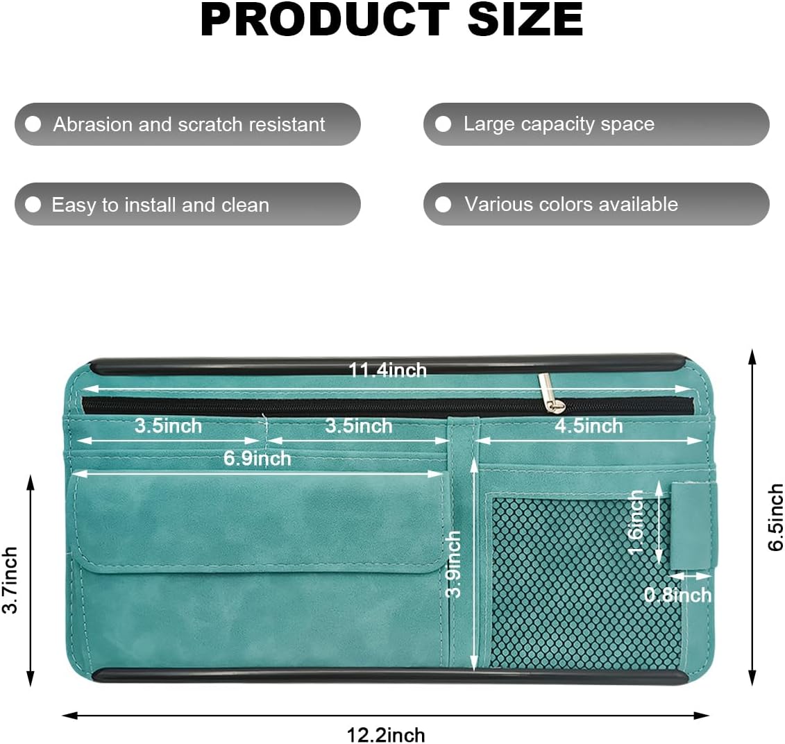 Car Sun Visor Organizer, Leather Sun Visor Pocket Organizer Case with Multi-Pocket Net Zipper, Suede Note Holder Car Visor Storage Pouch for Card Pen Sunglasses Document (Gray)