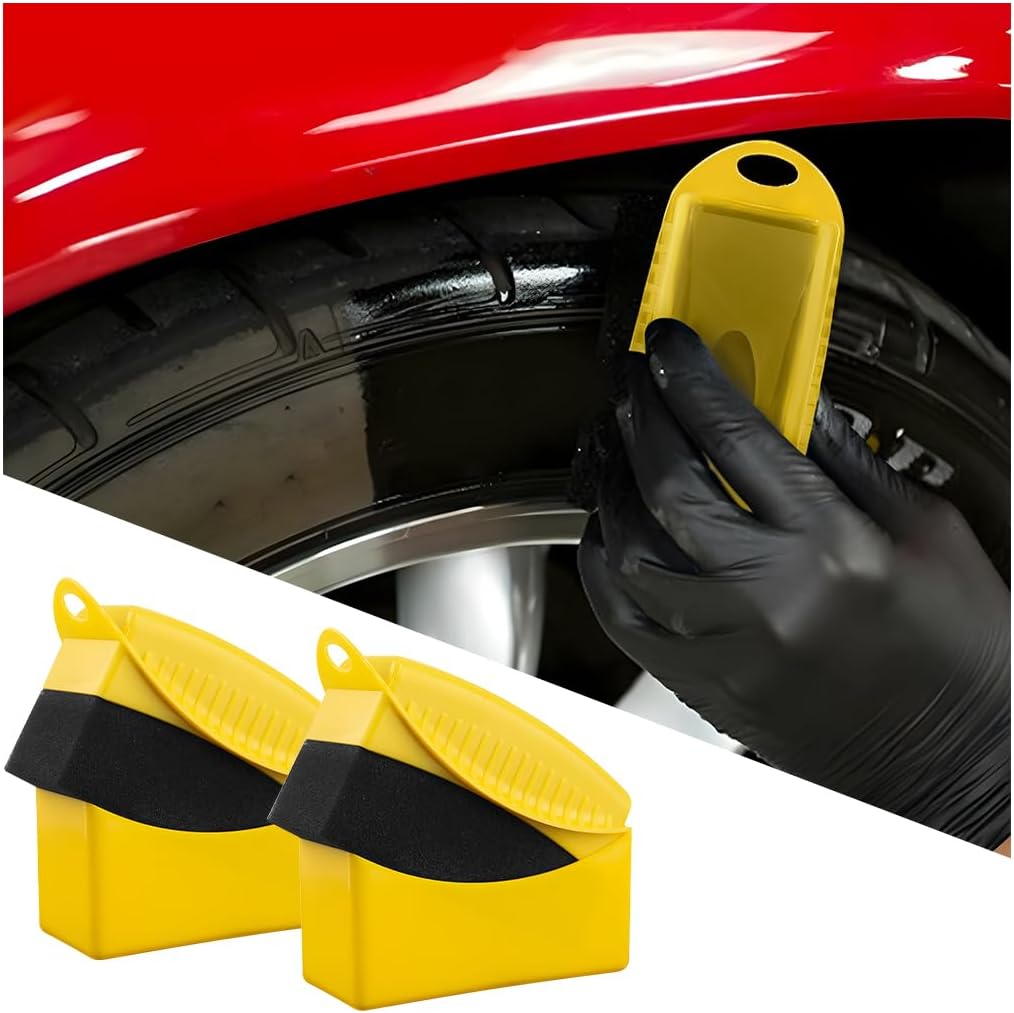 BESULEN 2 Pcs Tire Contour Dressing Applicator, Car Wheel Dressing Shine Sponge with Lid, Polishing Sponge Wax Buffing Pads for Auto, Foam Brush with Cover, Automotive Cleaning Accessories (Yellow)