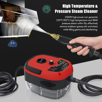 2500W Handheld Steam Cleaner High Temperature Pressurized Steam Cleaning Machine Portable Car Steamer with Brush Heads (Red)