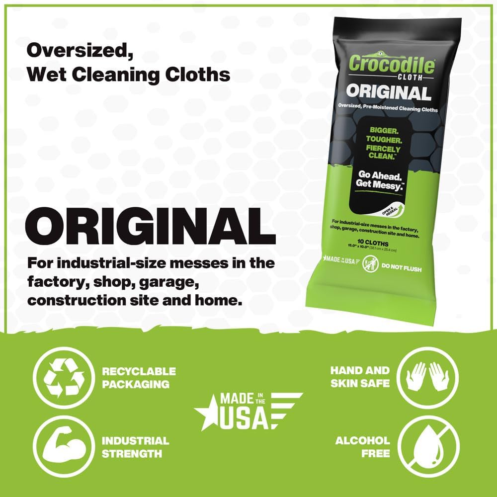 Crocodile Cloth Original Cleaning Wipes, Heavy-Duty Multi-Surface Hand & Tool Wipes, Water-Based, Safe on Skin, 100 Count, 15 x 10 Inch