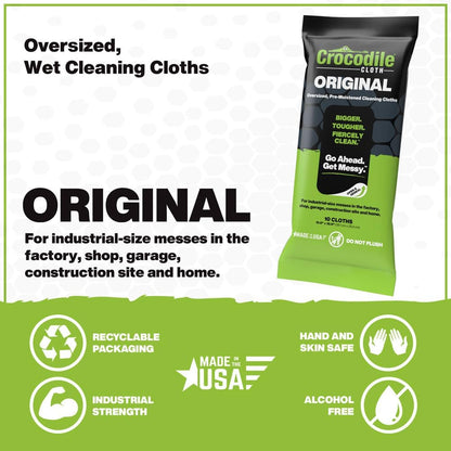 Crocodile Cloth Original Cleaning Wipes, Heavy-Duty Multi-Surface Hand & Tool Wipes, Water-Based, Safe on Skin, 100 Count, 15 x 10 Inch