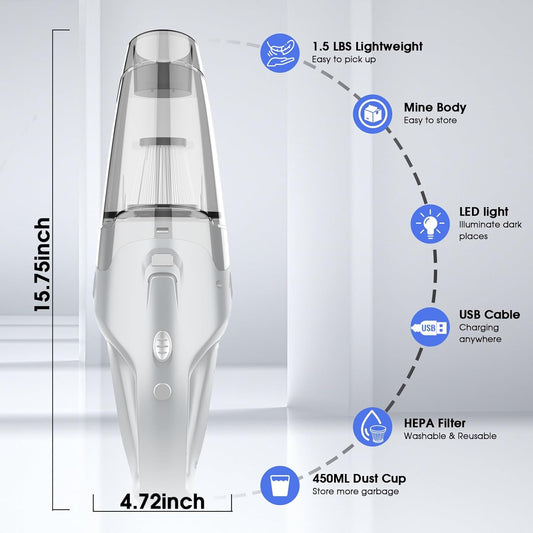 YOOHI Handheld Vacuum Cordless Rechargeable – 6000Pa Mini Hand Held Vacuum, LED Light, 20–25 Mins Runtime, USB Charging, 500ML Cup – Lightweight Small Vacuum Cleaner Cordless for Car/Office/Home