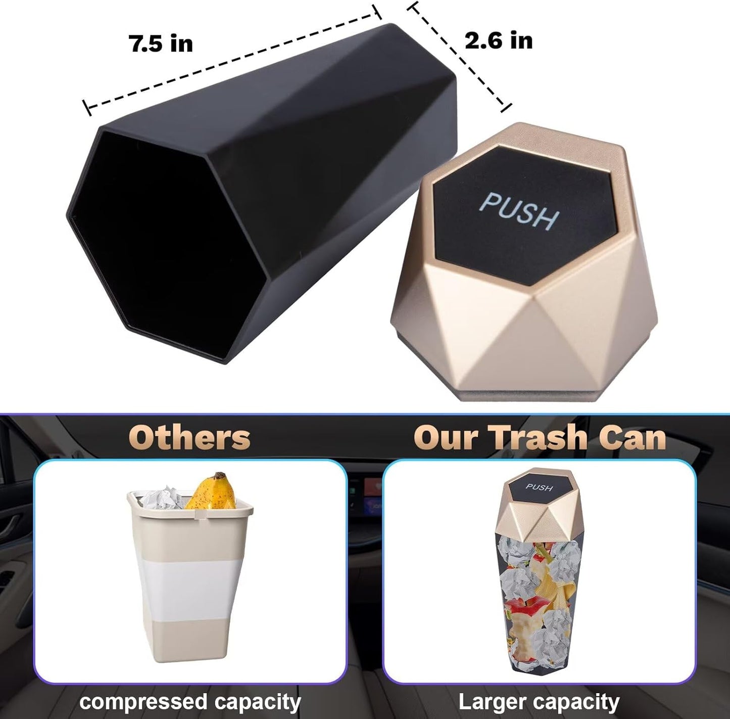 BFXM Car Trash Can, Car Trash Bin with Lid, Car Accessories for Women Interior, Car Garbage Can with Additional 2 ABS Hooks and 60pcs Trash Bags, Suitable for Home, Office, Car Organizer, Black