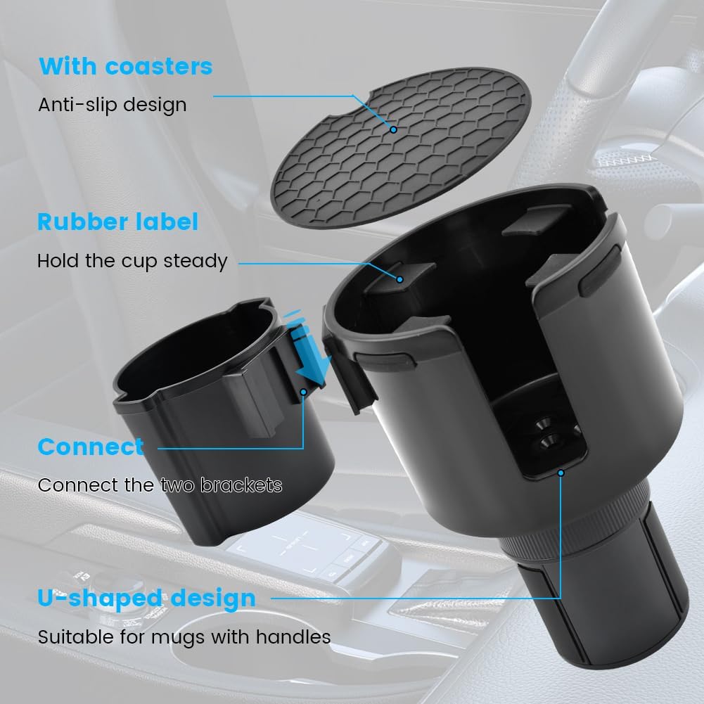 1 Pack Car Cup Holder Expander 2 in 1 Adapter with Expandable Base, Car-Seat Headrest Hook 4 Pack Hanger Storage Organizer fit Universal Vehicle Car Mugs in 2.2"-4.6" (10-46oz)