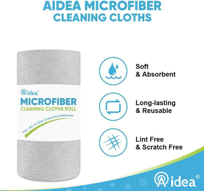 AIDEA Microfiber Cleaning Cloth Roll, Grey 75PK, Reusable Paper Towels Tear Away Cloth, Microfiber Towels for Cars, Wash Cloths, Lint Free Rags for House, Kitchen,Window,Cleaning Supplies 11.5"×11.5"