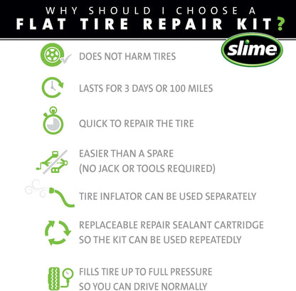 Slime 50107 Flat Tire Puncture Repair, Smart Spair, Emergency Kit For Car Tires, Includes Sealant And Tire Inflator Pump, Suitable For Cars And Other Highway Vehicles, 15 Min Fix