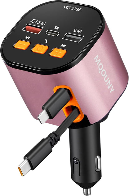 Retractable Car Charger,5 in 1 Fast Cars Phone Charger 90W,Bluetooth 5.3 FM Transmitter Adapter,Handsfree Call,2 Retractable Cables and USB Chargers for iPhone17/16 15/14/13